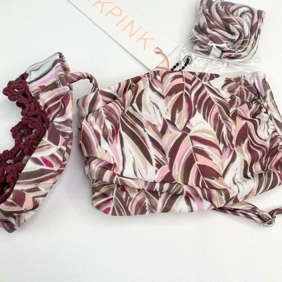 Mink Pink Bikini Top Women SMALL Feather Palm Off Shoulder Bandeau Swim - Picture 5 of 10